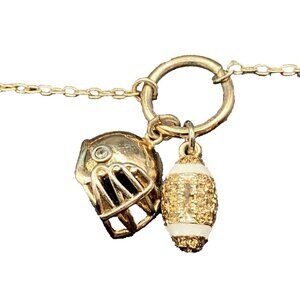 Helmet Necklace Rhinestone Enamel Football Charms Pendant 18+3" Gold Tone Cable